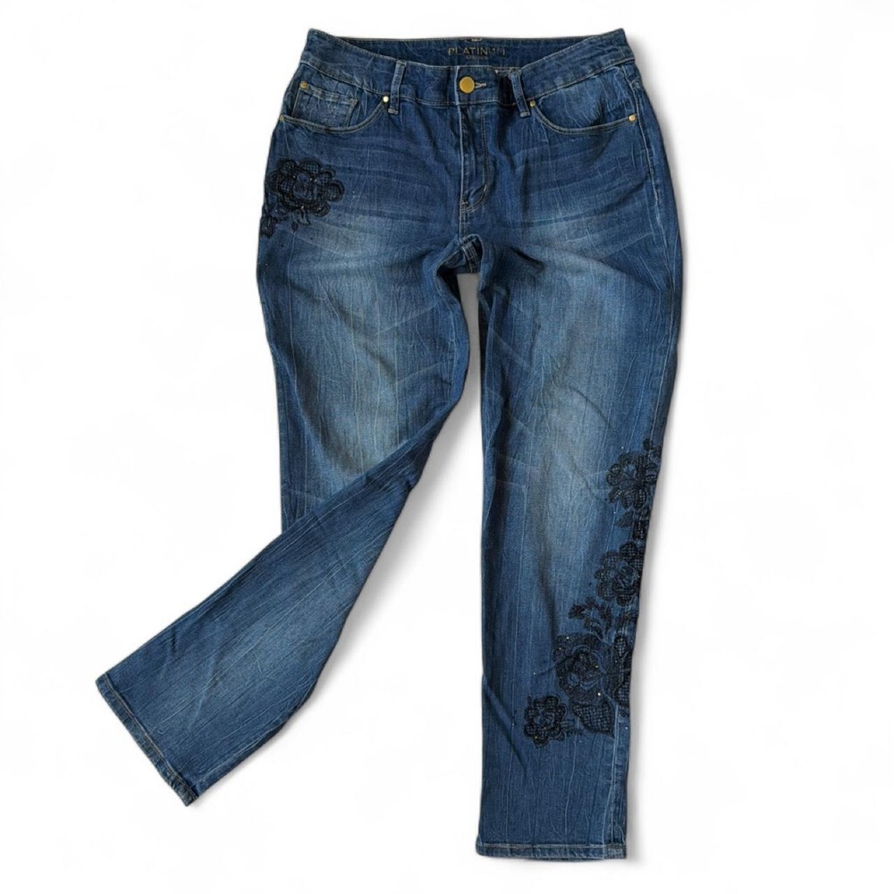 Chicos Platinum Skimmer Jeans Embroidered Sequin Ankle Blue Denim 0.5 M